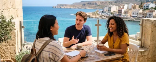 Groupe d'étudiants de diverses nationalités échangeant naturellement sur la terrasse ensoleillée d'une école de langue moderne, vue mer méditerranéenne en arrière-plan