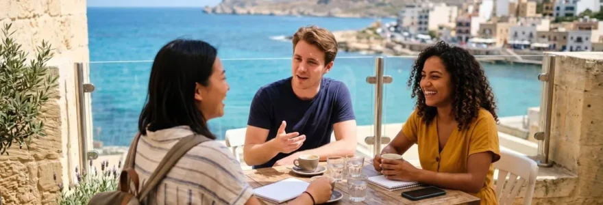 Groupe d'étudiants de diverses nationalités échangeant naturellement sur la terrasse ensoleillée d'une école de langue moderne, vue mer méditerranéenne en arrière-plan