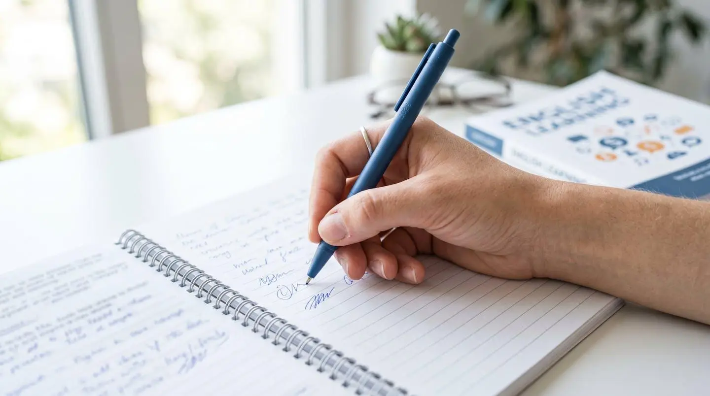 Gros plan sur les mains d'un étudiant écrivant dans un cahier de notes, manuel d'anglais partiellement visible avec texte flouté, surface de bureau moderne propre, lumière naturelle latérale douce