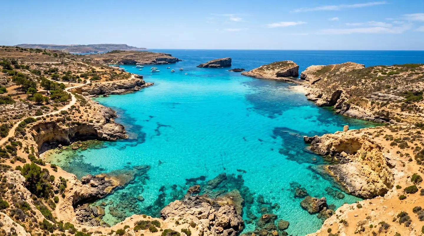 Vue panoramique aérienne sur les eaux turquoise cristallines du Blue Lagoon de Comino, côte rocheuse calcaire ocre méditerranéenne, lumière éclatante sans présence humaine au premier plan